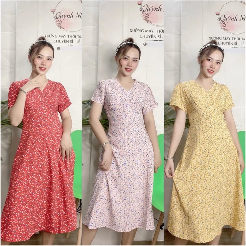 ĐẦM CỔ V HOA NHÍ TAY BÚP DÁNG XÒE CÓ SIZE - MT21
