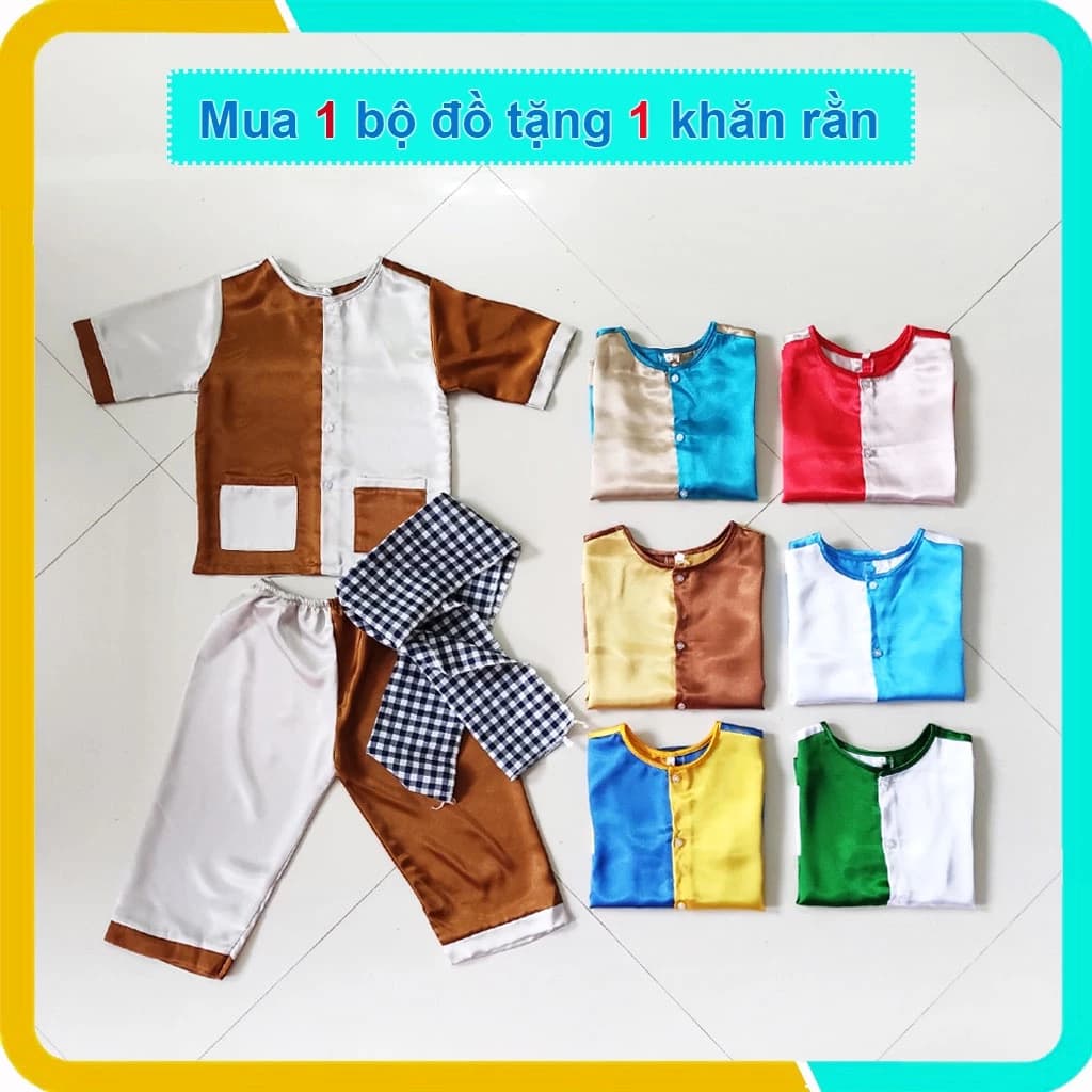 Áo Bà Ba Cho Bé Phối 2 Màu, Nguyên Bộ Quần + Áo Tặng  Kèm Khăn Rằn,  Chất Lụa Mát Mẻ, Gia Công Tại Nhà