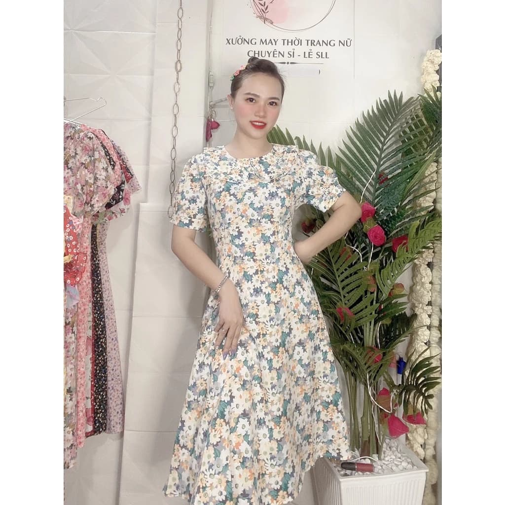 ĐẦM XÒE DỰ TIỆC CỔ LÁ SEN HỌA TIẾT HOA NHÍ DỄ THƯƠNG(CÓ SIZE) - MT25