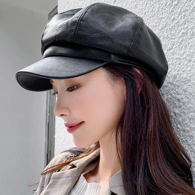 Mũ beret da pu phong cách thời trang thu đông Anh Quốc