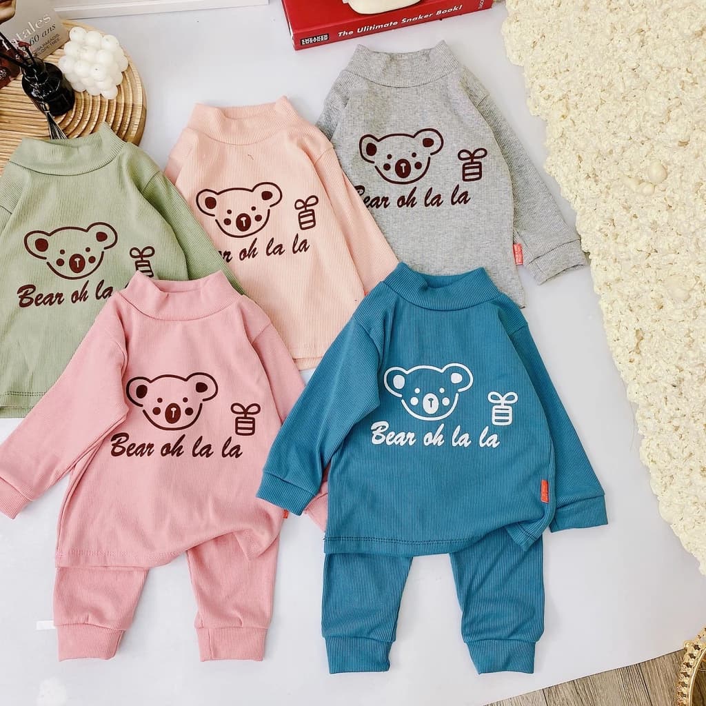 Bộ len tăm cổ lọ in hình gấu olala cho bé trai bé gái 6-15kg