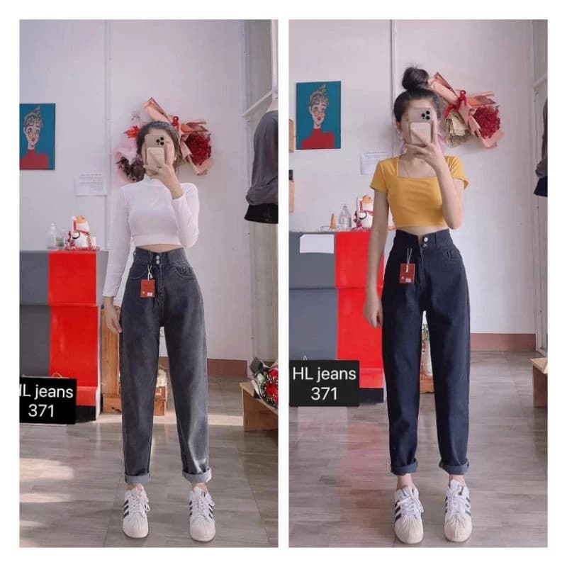 Quần jean đen ống đứng hai cúc,Quần baggy nữ trơn đơn giản cạp cao