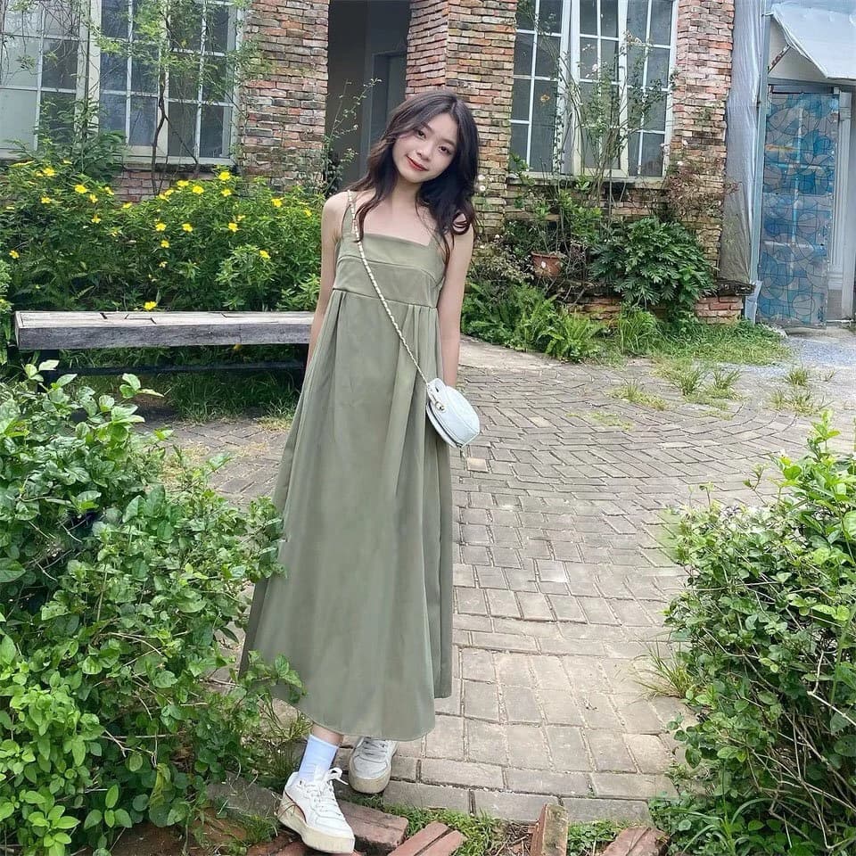 Đầm Babydoll Dáng Xoè Hai Dây Xanh Rêu, Váy Hai Dây Dễ Thương Dáng Dài [TẶNG PHỤ KIỆN]
