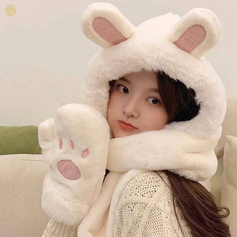 Mũ chùm Lông Tai Thỏ kèm Găng Tay và Khăn Quàng Cổ Dày Dặn Giữ Ấm Mùa Đông Phong Cách Hàn Quốc.