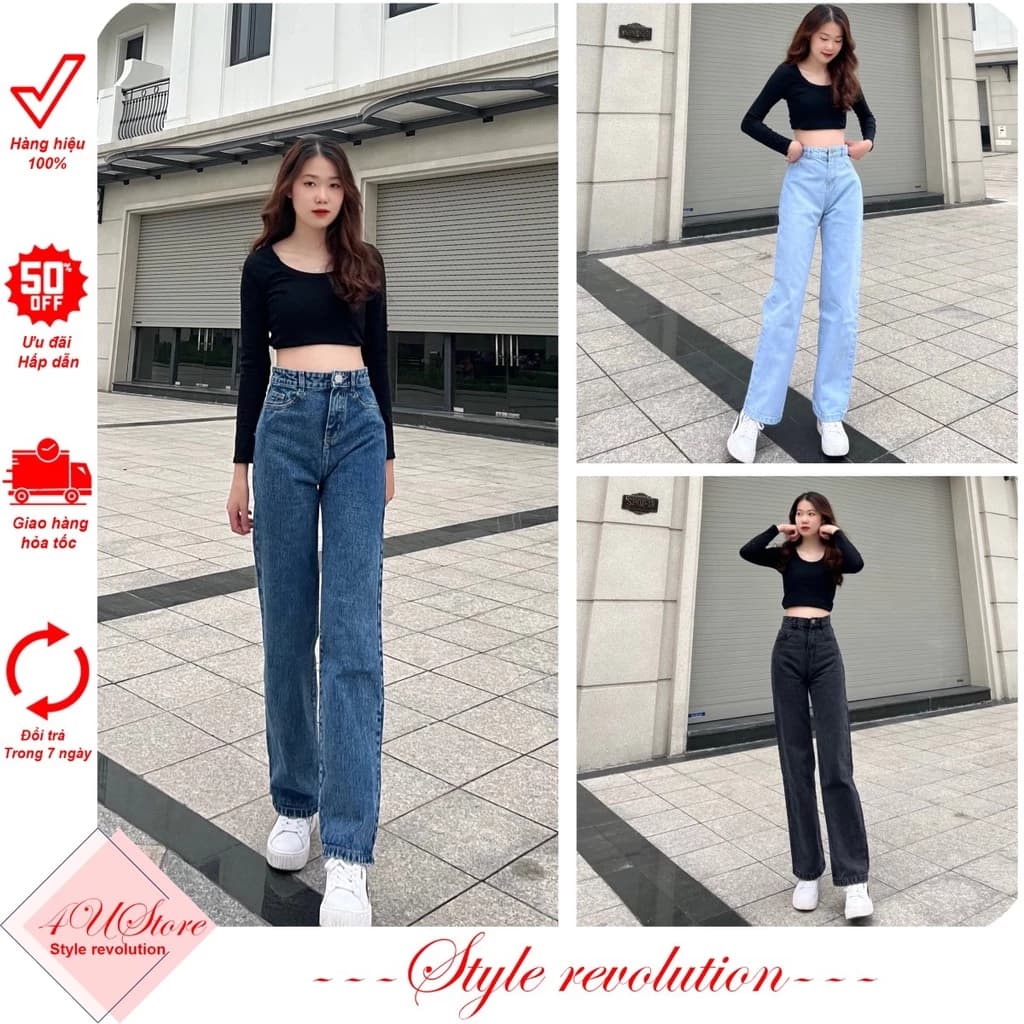 Quần JEAN nữ ống rộng, Quần BÒ nữ ống suông màu xanh đậm, kiểu baggy ống đứng JN4U ảnh thật