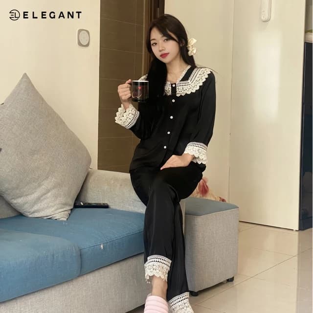 Bộ ngủ lụa dài tay pha ren mềm mại, bộ mặc nhà tiểu thư sang chảnh, set đồ cao cấp quyến rũ (EL2202)