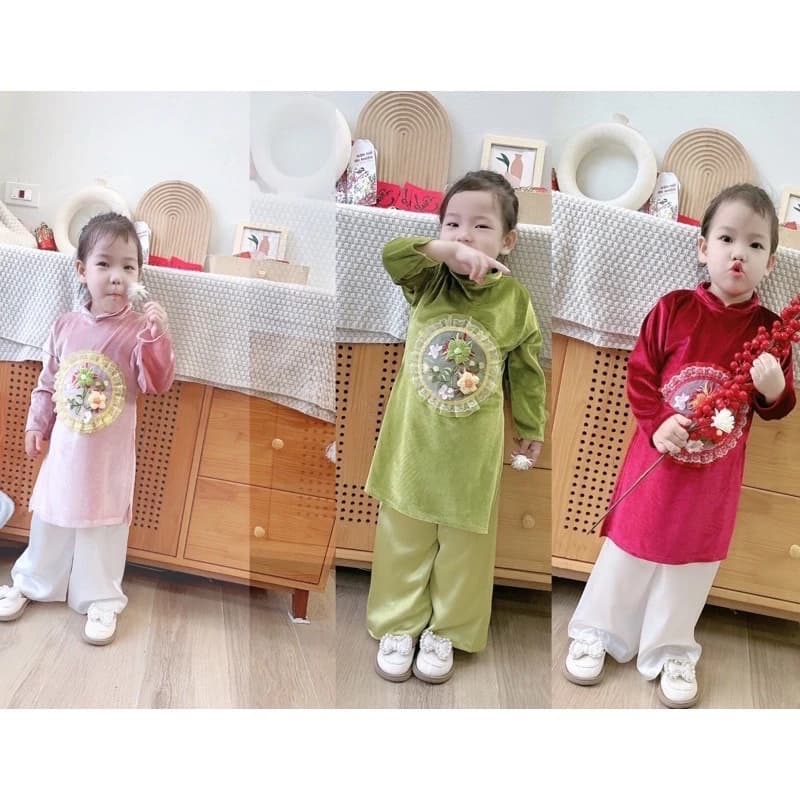 ❤️ ÁO DÀI NHUNG THIẾT KẾ HOẠ TIẾT HOA NHÍ THÊU TAY ❤️ CHO BÉ GÁI ( có ảnh mẫu bé nhà shop mặc )