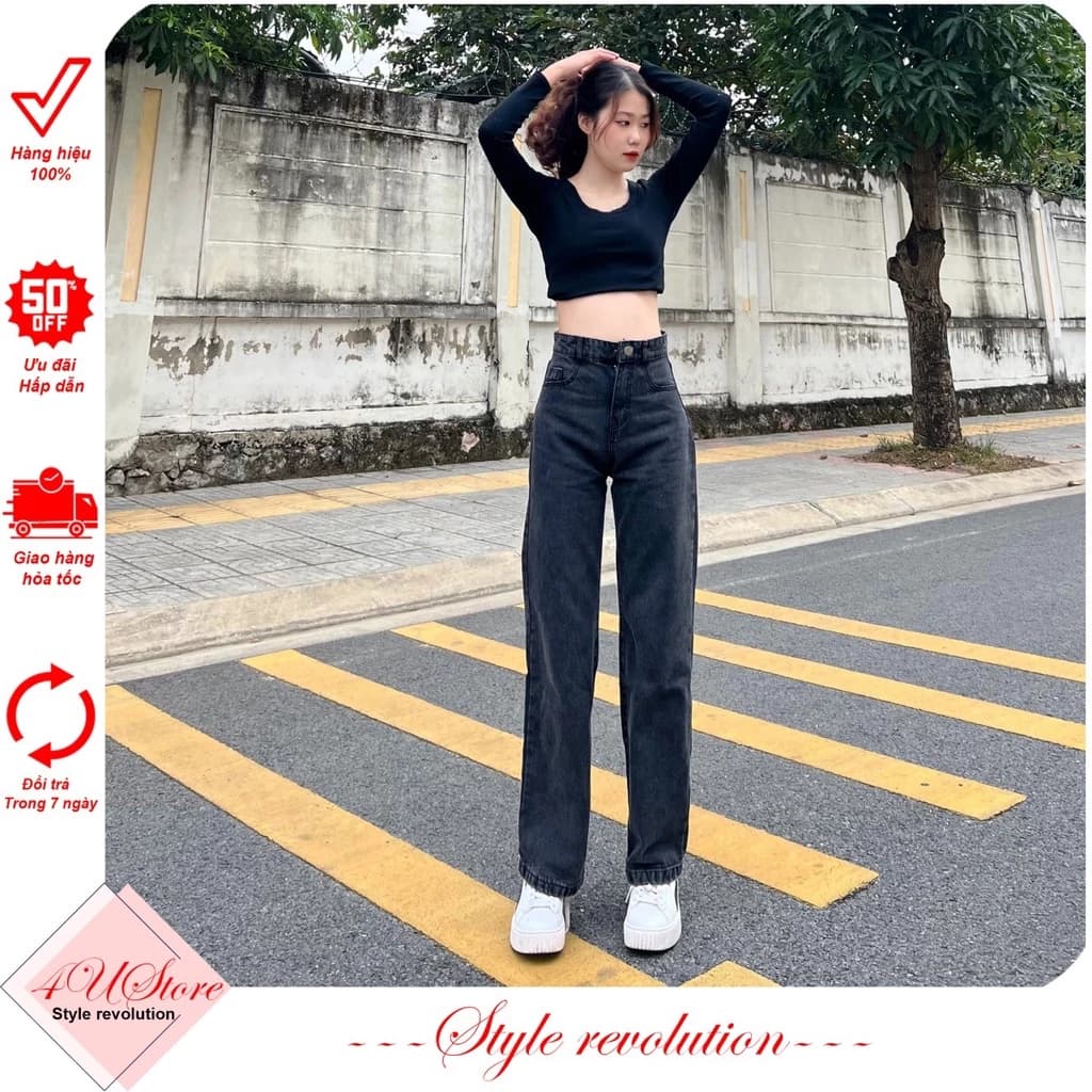 Quần JEAN nữ ống rộng, Quần BÒ nữ ống suông màu Đen Tuyền, kiểu baggy ống đứng JN4U ảnh thật