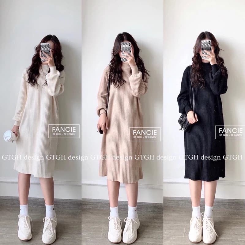 Váy len cao cổ , đầm dáng xuông dài tay chất len dày ấm, co dãn tốt
