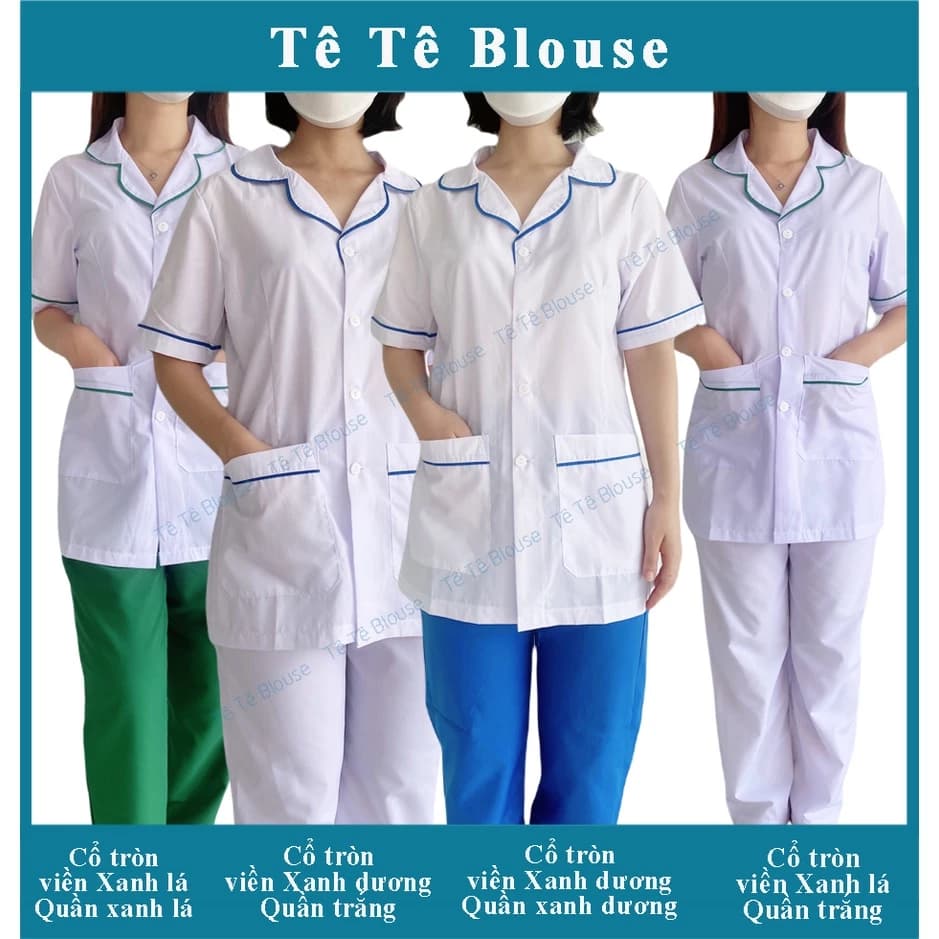 (HÀNG CÓ SẴN) Áo Blouse cổ tròn có 2 màu viền, có đai eo lưng vải Lon dành cho điều dưỡng, y tá, dược sỹ