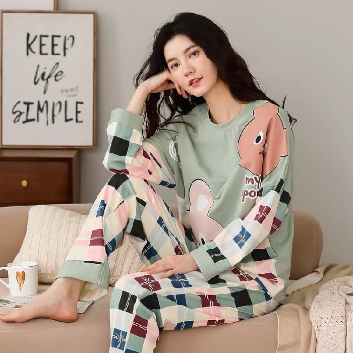Bộ Đồ Ngủ Pijama Màu Trơn Cổ Tròn In Họa Tiết Ngôi Sao Baju Tidur Wanita Cho Nữ