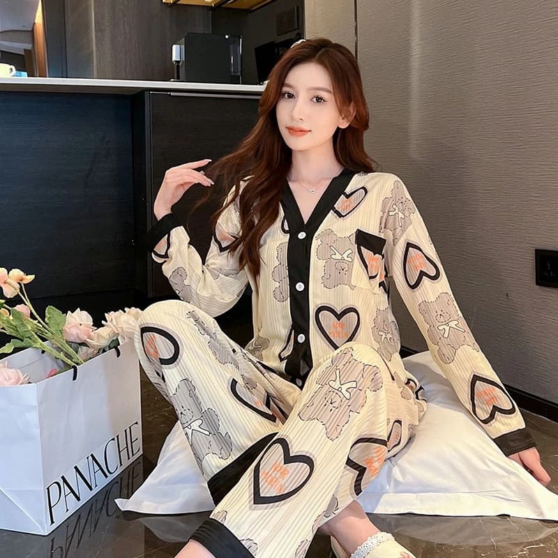 Bộ Đồ Ngủ Tay Dài Dáng Rộng Phong Cách Hàn Quốc Dễ Thương Thời Trang Xuân Thu 2023 Cho Bạn Gái [Lff0823]