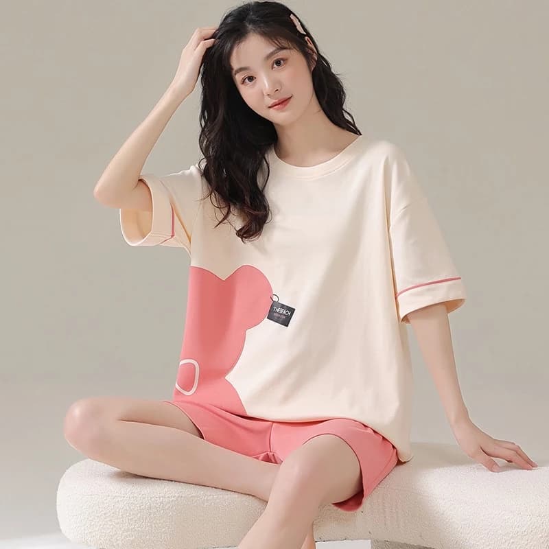 Bộ Đồ Ngủ Bằng Cotton Tay Ngắn Phong Cách Hoạt Hình Dễ Thương Dành Cho Nữ