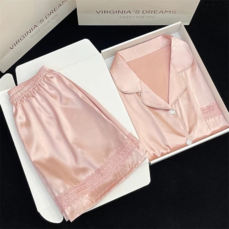 Váy Ngủ	Pyjama Bộ Đồ Ngủ Vải Lụa Lạnh Mỏng Tay Ngắn Màu Trơn Thời Trang Mùa Hè Cho Nữ [luyoo32]