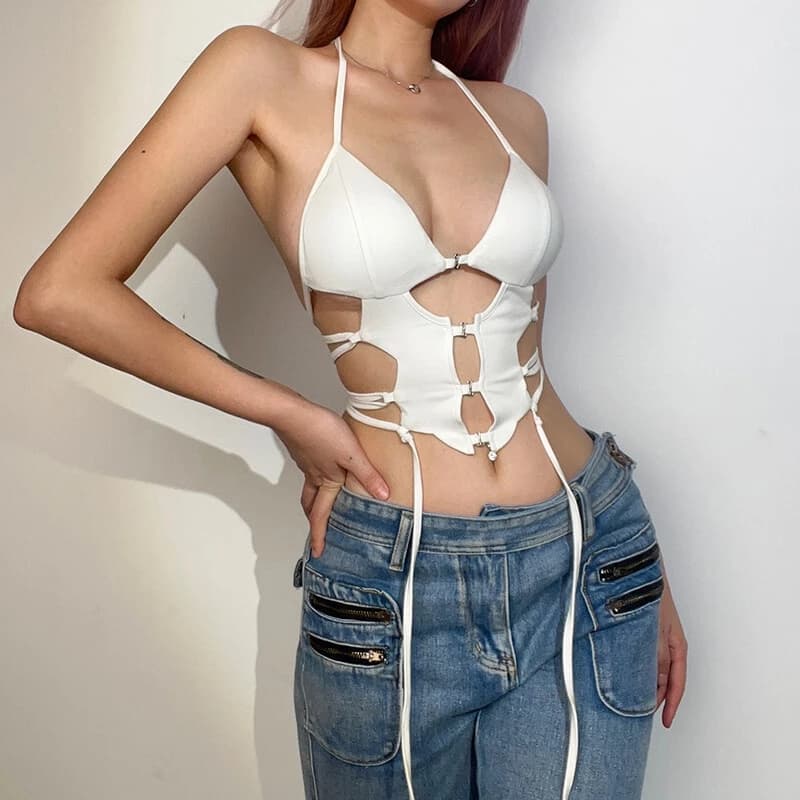 Klalien Dây Cổ Tank Tops Móc Nút Ôm Camisole Nữ Dạo Phố