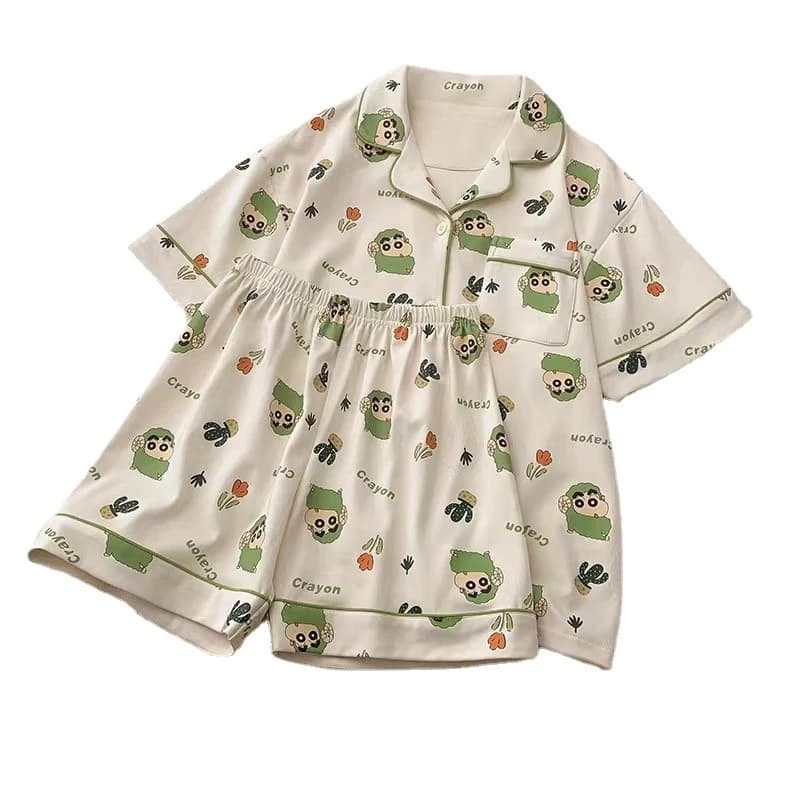 Váy Ngủ, Bộ Ngủ Nữ Mùa Hè , Quần áo Mặc Nhà Nữ Cute Ngắn Tay Cardigan Hai Mảnh Lưới Sinh Viên