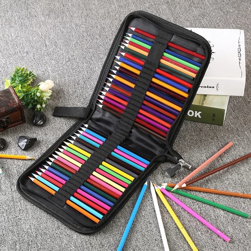 ANGEL MARK Túi Đựng Bút Chì 36 / 48 / 72 / 120 Bằng Vải Canvas Màu Đen Có Khóa Kéo Tiện Dụng