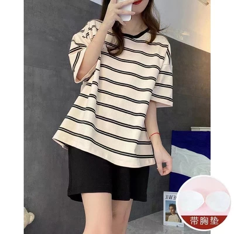 Váy Ngủ	Pyjama Bộ Đồ Ngủ Ngắn Tay Có Mút Đệm Ngực Họa Tiết Kẻ Sọc luyoo32
