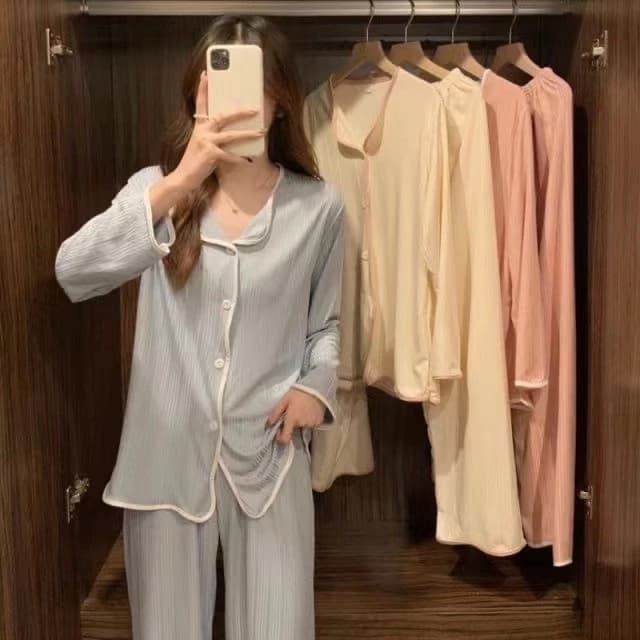 Bộ Đồ Ngủ Tay Dài Màu Sắc Đơn Giản Phong Cách Hàn Quốc Cho Nữ [Lff0807]