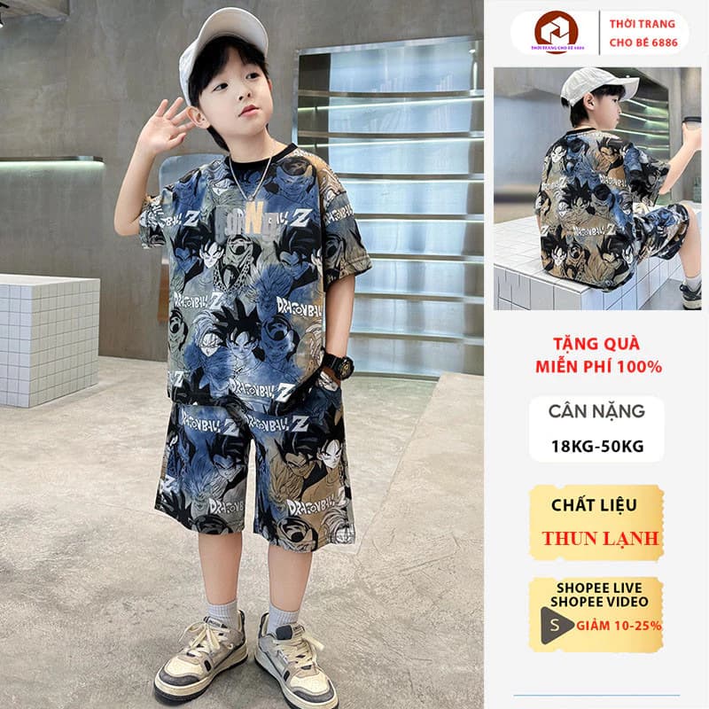 Bộ đồ mùa hè bé trai mẫu Songoku2 vải thun lạnh size từ 18-50kg, bộ quần áo hè bé trai set đồ cộc bé trai, đồ bộ bé trai