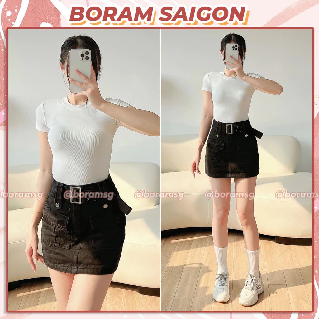 Chân váy túi hộp kaki nữ, chân váy chữ a ngắn thắt lưng bản to BORAM SG (có quần trong)