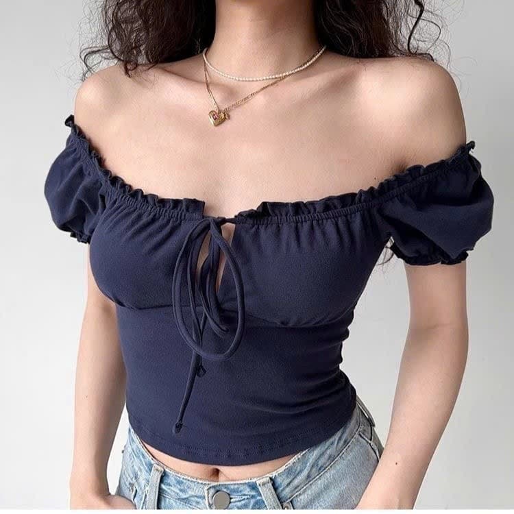 Áo croptop trễ vai tiểu thư nơ cổ ôm body mặc được 2 kiểu