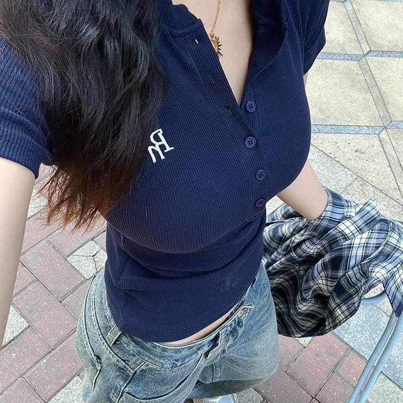 Áo kiểu babytee croptop nữ 5 cúc tôn dáng màu xanh than RN