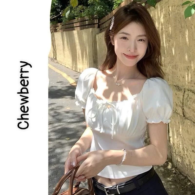 Áo croptop bánh bèo trễ vai nơ cổ ôm body mặc được 2 kiểu