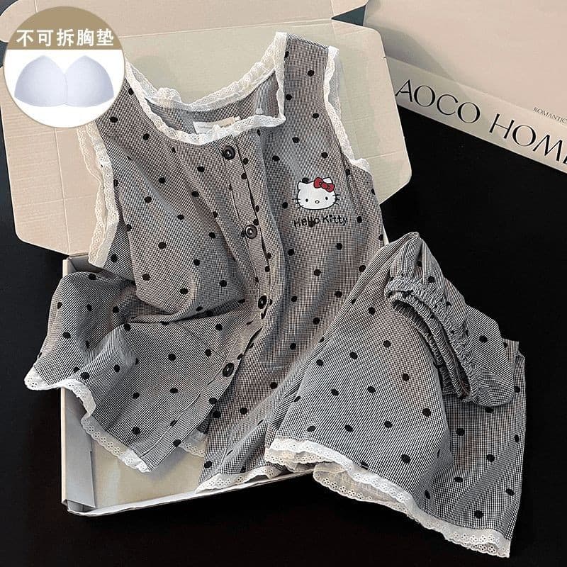 Bộ đồ ngủ cotton Yunduo quần short áo ba lỗ ren dễ thương mẫu mỏng mùa hè cho nữ bộ đồ mặc nhà