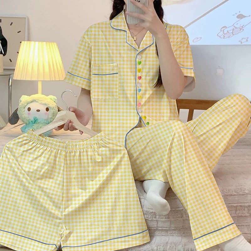 [40-75kg] Bộ pijama dễ thương thêu hình trái tim cho phụ nữ, bộ ba món tay ngắn mùa xuân và mùa hè, phong cách Nhật Bản, trang phục sinh viên ở nhà