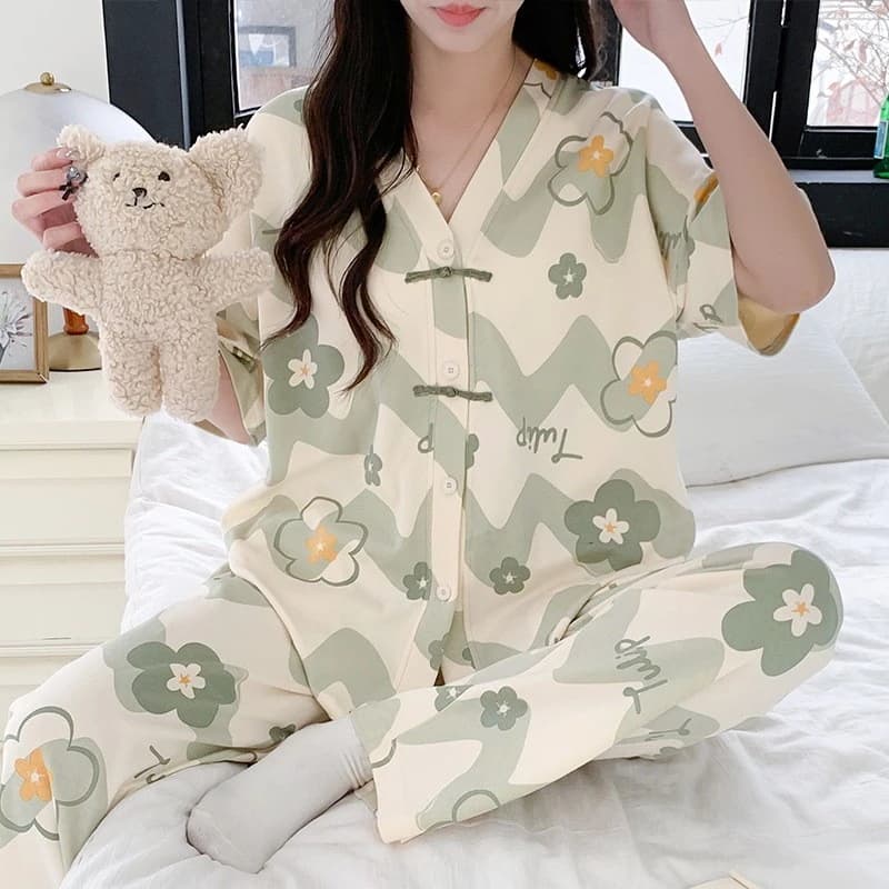 2024 Bộ Đồ Ngủ Mới Nữ Mùa Hè Quần Ngắn Tay Guofeng Cardigan Cổ Chữ V Mỏng Phù Hợp Với Mặc Ở Nhà