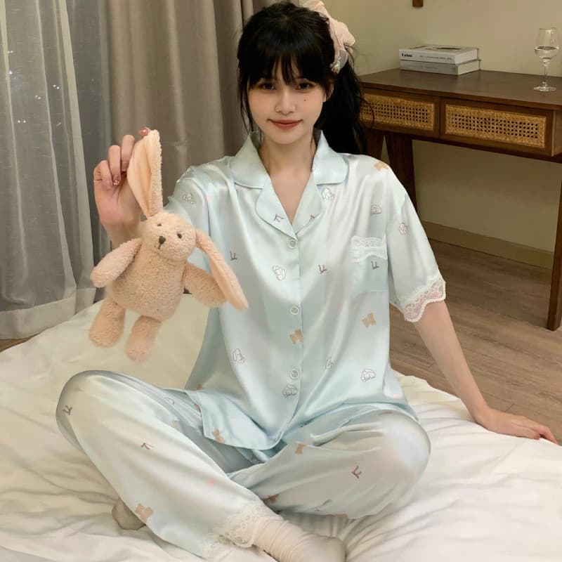 [40-72.5kg] Bộ đồ ngủ ngắn tay dài in họa tiết hoạt hình ngọt ngào cho phụ nữ, thời trang đơn giản, trang phục ở nhà
