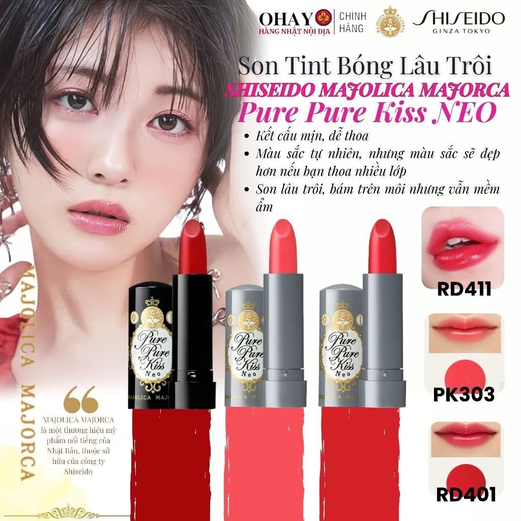 <Shiseido Chính Hãng> Son Thỏi Tint Bóng Căng Mọng, Mềm Môi, Lâu Trôi MAJOLICA MAJORCA Pure Pure Kiss NEO 2.3g