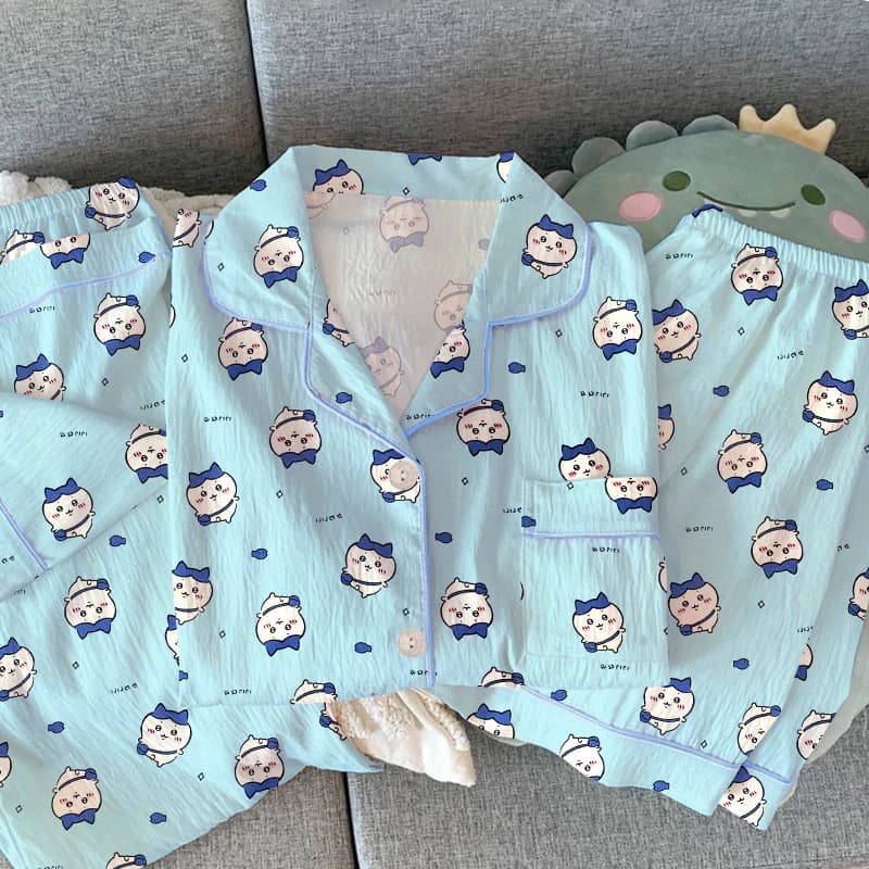 [40-75kg] Bộ pijama dễ thương Chiikawa cho phụ nữ, trang phục ở nhà ngọt ngào, bộ ba mảnh tay ngắn