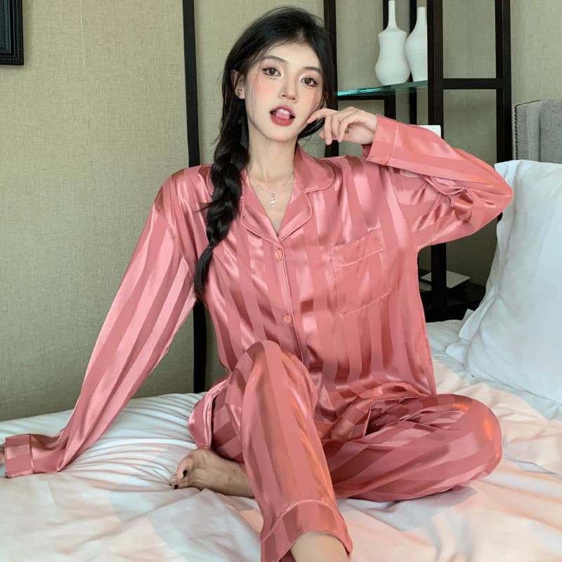 [40-72.5kg] Bộ pijama sọc đơn giản cho phụ nữ, tay dài cao cấp, quần dài, mặc ngoài trời, bộ đồ thư giãn
