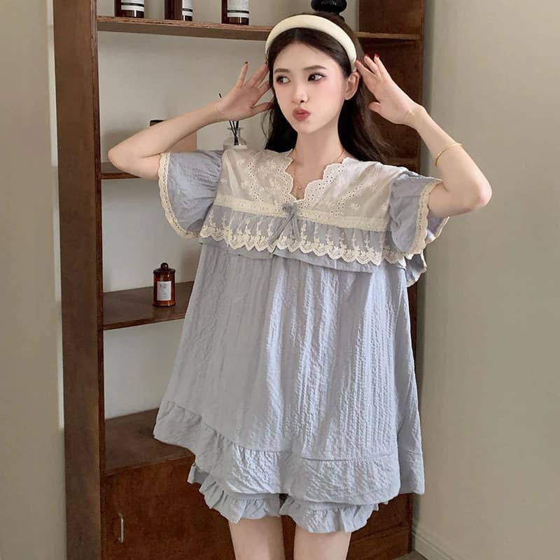 [Ảnh thật] Bộ đồ ngủ nữ có đệm ngực Mùa hè 2024 mới bong bóng cotton ngọt ngào dễ thương tay ngắn mặc ở nhà
