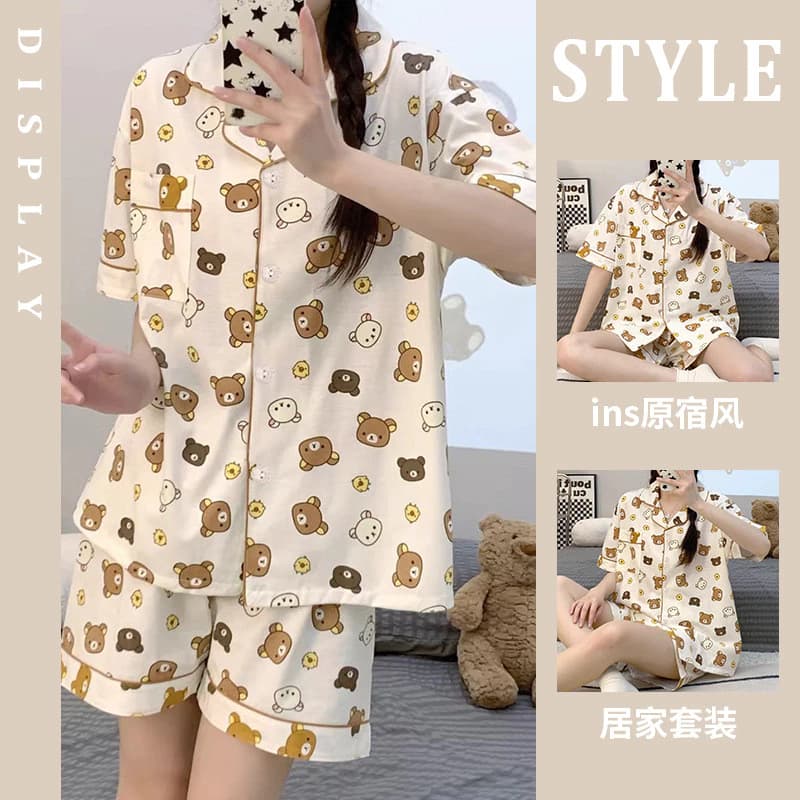 [40-75kg] Bộ pijama gấu dễ thương cho phụ nữ, mùa hè, tay ngắn rộng, bộ đồ mặc ở nhà
