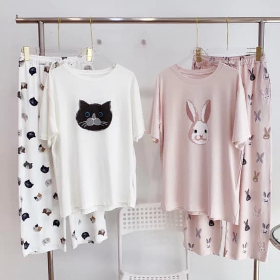 [Sẵn Sàng] Bộ Đồ Ngủ Nữ Tay Ngắn Plus Size Phong Cách Nhật Bản Thỏ Mèo Mùa Xuân - Mùa Hè Mềm Mại Mỏng Màu Cổ Tròn In Hình Áo Chui Đầu Loungewear Thoải Mái Thoáng Mát