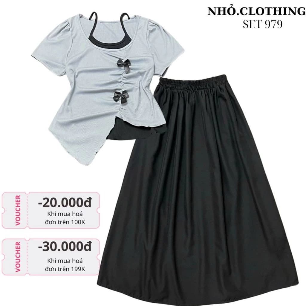 Set Áo Thun Bigsize Nữ Tay Ngắn Đính Nơ Vạt Nhọn Kèm Chân Váy Lưng Chun Dài Xòe Thanh Lịch SET(A278+CV15)