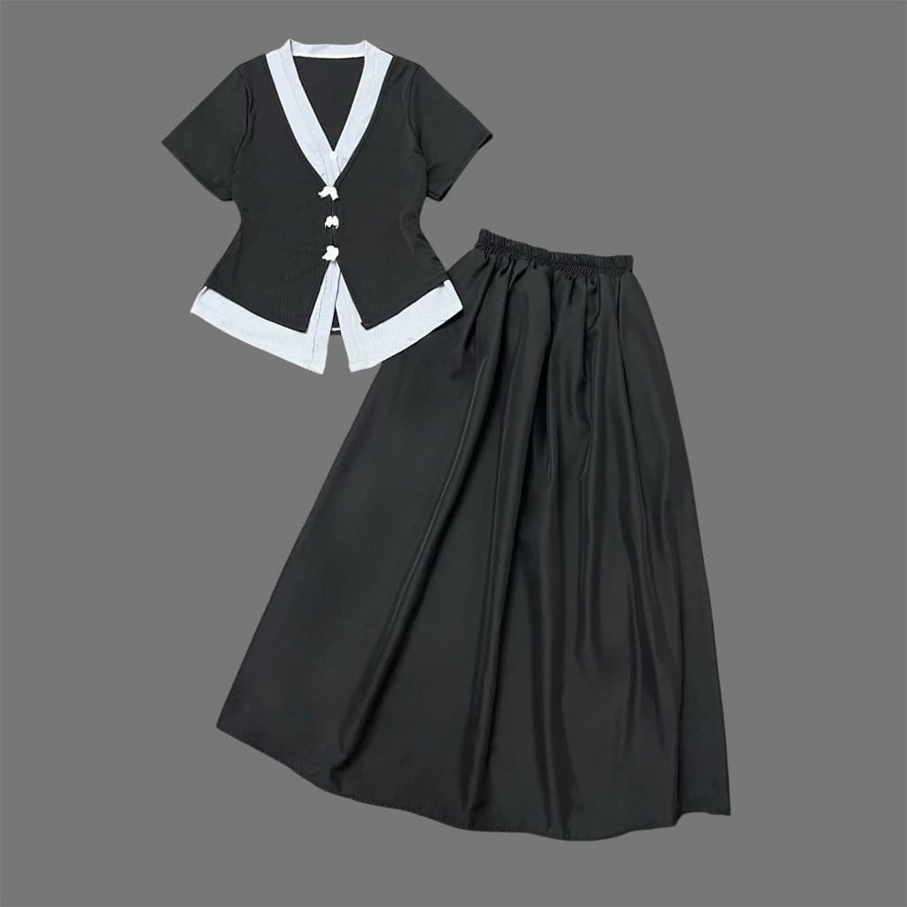 Set đồ bigsize gồm áo xẻ tà  đính nơ phối chân váy xòe lưng chun tôn dáng và che khuyết diểm SET A271+CV15