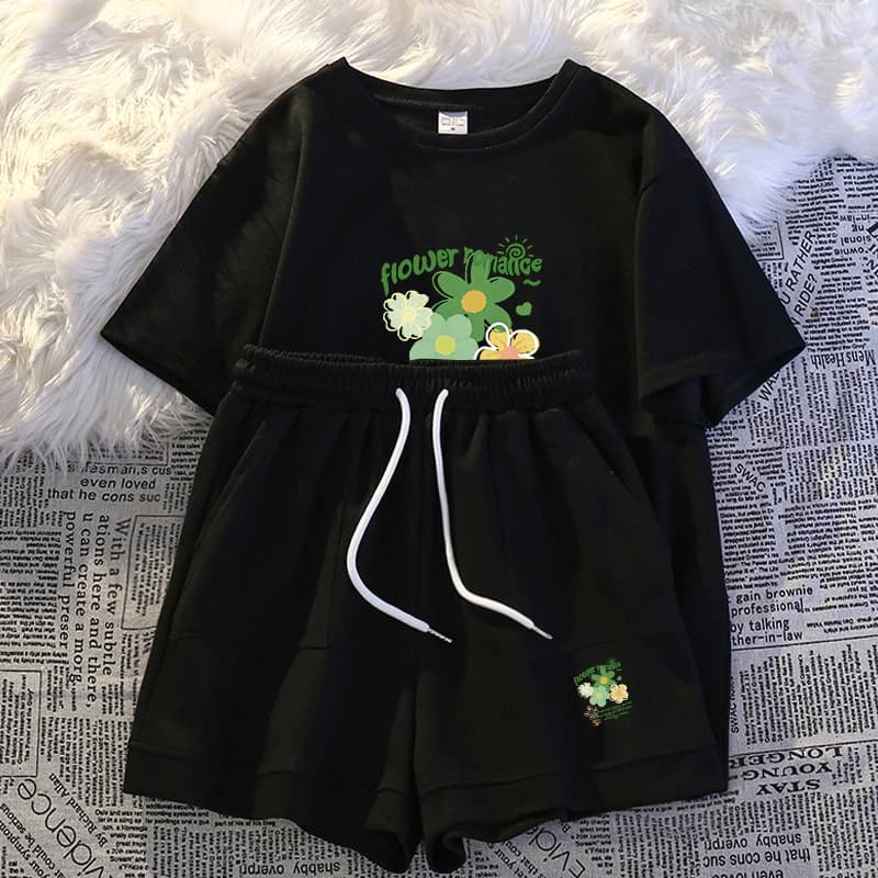 [RẺ VÔ ĐỊCH] Bộ đồ thể thao mùa hè áo thun ngắn tay quần short dành cho nam nữ hinh flower romatic