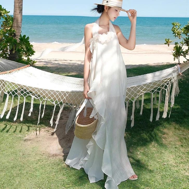 Klalien Đầm Maxi Ngọt Dây Không Tay Lưng Ruffle Ruy Băng Baggy Màu Trơn Nữ Gợi Cảm Thanh Lịch Cho Thường Ngày và Kỳ Nghỉ