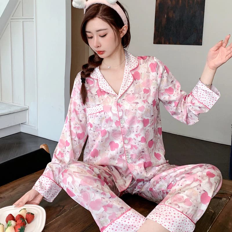 [40-72.5kg] Bộ pijama in hình mèo hồng cho phụ nữ, bộ đồ mặc ở nhà mỏng hai mảnh cho mùa xuân và mùa thu