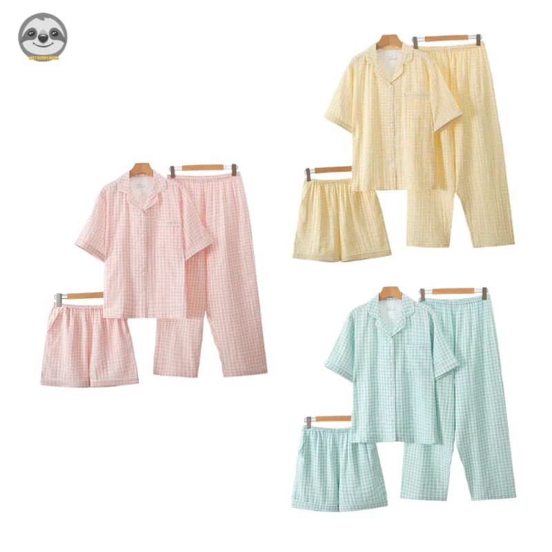 Phong cách Nhật Bản Muji Style / Bộ đồ ngủ kẻ sọc sợi hai lớp bằng vải Cotton Bộ ba mảnh / Có thể mặc quần Short ngắn tay bằng vải Cotton bên ngoài