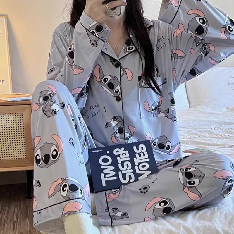 [40-72.5kg] Bộ pijama tay dài họa tiết hoạt hình Stitch cho phụ nữ, mặc ngoài trời, bộ đồ thư giãn thoải mái