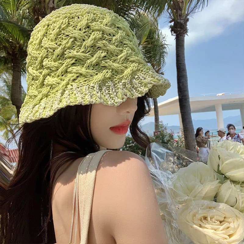 Rỗng Rơm Xô Mũ Nữ Mùa Hè Thoáng Khí Che Nắng Chống Nắng Mặt Nhỏ Xô Mũ Đầu Lớn Chu Vi Mũ Xanh Hợp Thời Trang