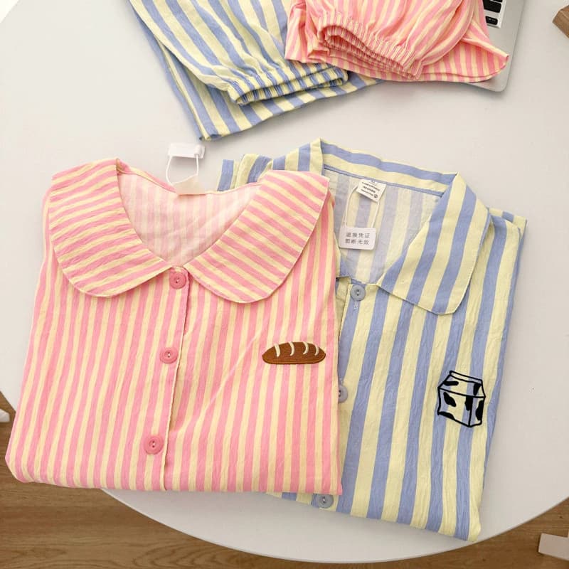 Bộ đồ ngủ cotton đám mây cho cặp đôi mùa hè dễ thương, quần short tay ngắn sọc rộng rãi, trang phục ở nhà thoải mái