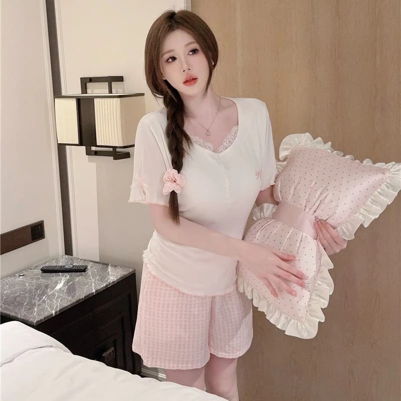 TEEFENG Đồ Ngủ Nữ Cotton Modal Ren Viền Dễ Thương Nơ Miếng Lót Ngực Tay Ngắn Mặc Nhà