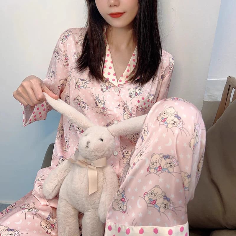 [40-72.5kg] Bộ pijama gấu hoạt hình phong cách Hàn Quốc cho phụ nữ, màu hồng, họa tiết chấm bi, áo hai mảnh mặc ở nhà