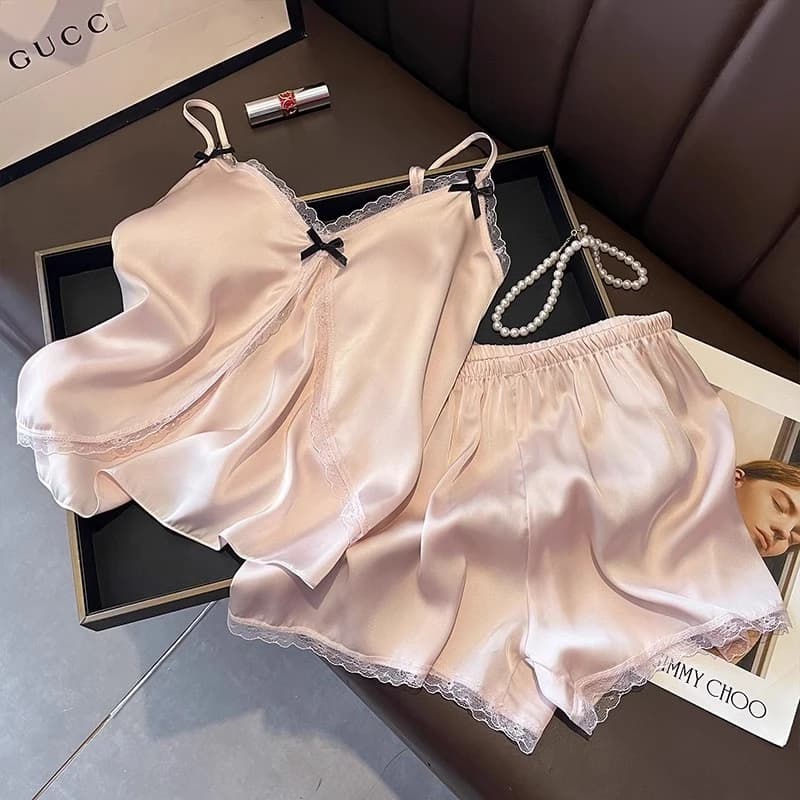 Đồ ngủ lụa lạnh, bộ đồ thư giãn sexy viền ren với đệm ngực, bộ hai mảnh